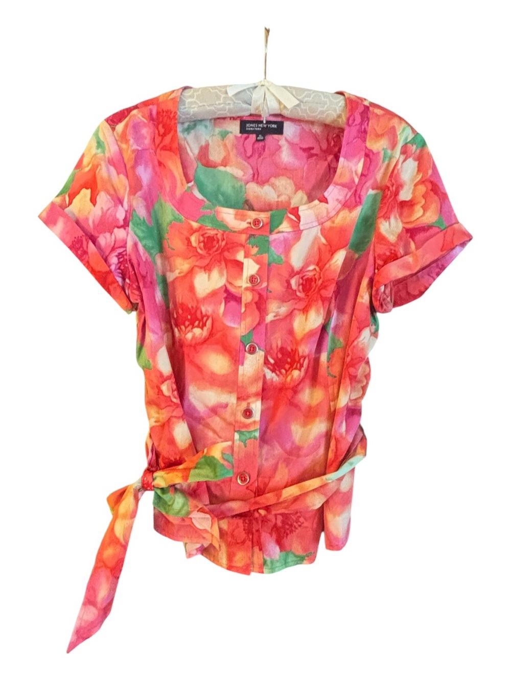 Jones New York Pink Floral Button-Front Tie-Waist Blouse Size XL NWT